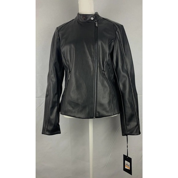 NWT DKNY Zip Front Faux Leather Moto Jacket Black W/ Tiny Metallic Detail Trim - Picture 15 of 16